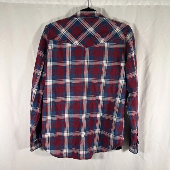 American Eagle Flannel Shirt Women's Small Blue Red Pearl Snap Boyfriend Long Sl - Picture 7 of 10